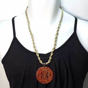 Macrame Cord Chinese Carved Red Stone Medallion Necklace